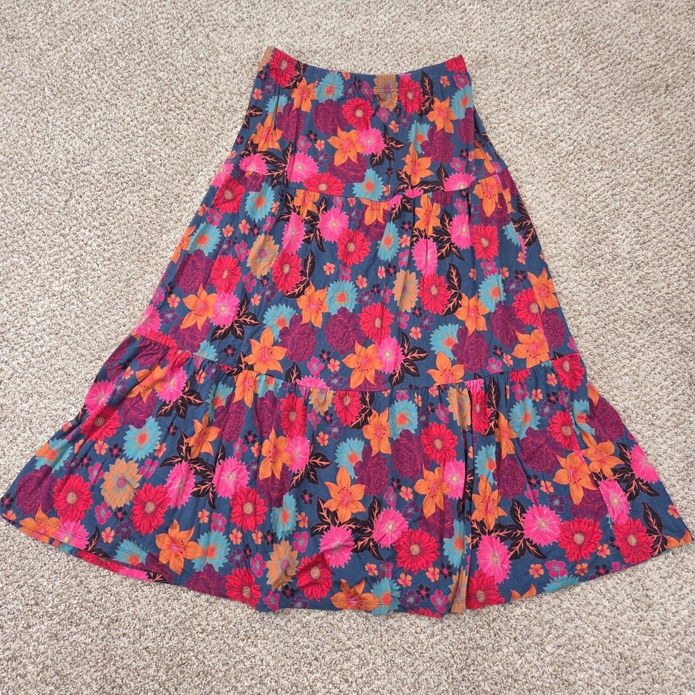 Johnny Was Merida Floral Tiered Midi Skirt Blue Boho Colorful Peasant Skirt - S